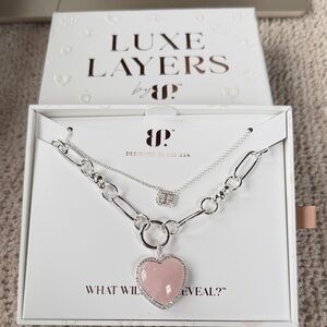 Luxe Layers Silver Necklace with Pink Heart Pendant